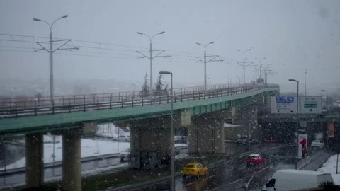 Trams passing and heavy snowing Video stock 148501228