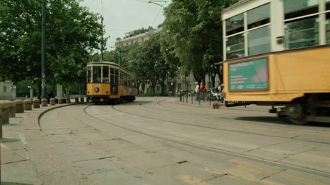 Trams Passing Each Other Tree Lane Traffic Milan Milano Lombardy Italy Stock Footage 253982414