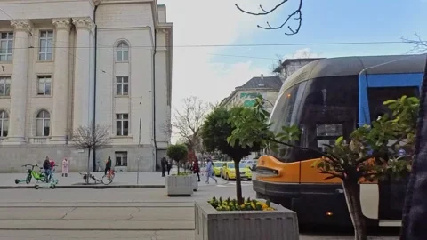 Trams Passing in Front of Palace of Justice Building in Sofia Bulgaria Stock-Footage 345424643