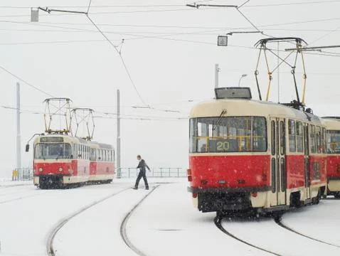 Trams in prague in heavy snowfall Stock Photos