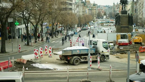 Trams renovation Wenceslas Square worker work patron saint of Bohemia monument Stock Footage 332417248