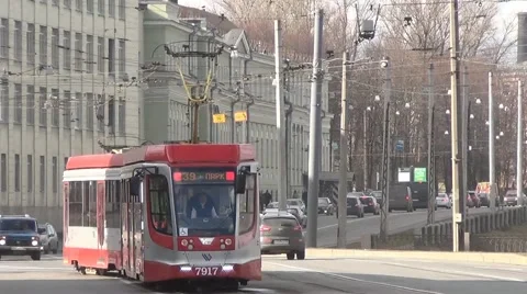 Trams in the riverside mixed traffic near the Volodarsky Bridge Stock Footage 61964548