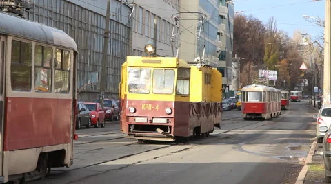 Trams run along the street Video stock 56892048