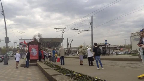 Trams at stop on summer day timelapse Stock Footage 77283252