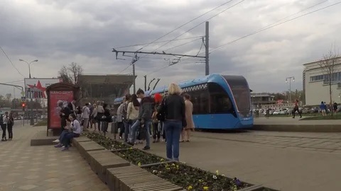 Trams At Stop On Summer Timelapse 스톡 동영상 77284566