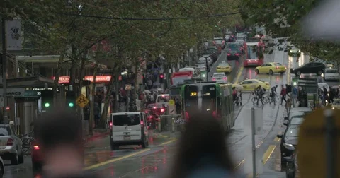 Trams on the street Stock Footage 76516294