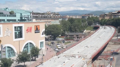 Tramway construction site time lapse with car traffic in Florence, Italy Stock Footage 75936874