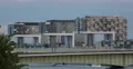 Tramway Crossing Bridge Cruise Ship Passing Rhine River Modern Buildings Cologne 4k or 4k+ Resolution