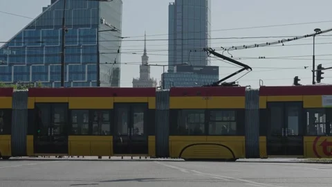 Tramway passes through business district in Warszawa. Warsaw, Poland, 2023 Stock Footage 251879477