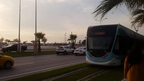 Tramway passing by the coast, palm trees and near the road in the evening sun. Stock Footage 121887761
