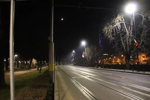 Tramway rails empty on night time Stock Photos