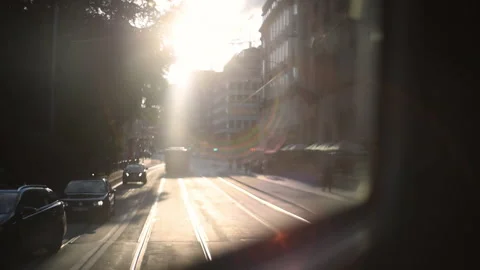 Tramway ride in Stockholm Sweden, during sunset Stock Footage