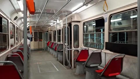 Tramway is standing at final station. Inside an old Czech-made tram Stock Footage 315217658