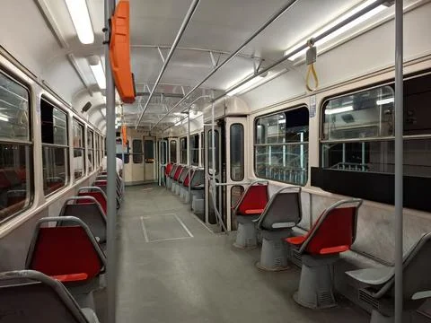 Tramway is standing at final station, inside an old Czech-made tram 库存照片