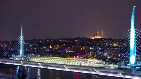 Tramway Station on the bridge at night 스톡 동영상 74357835