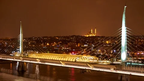 Tramway Station on the bridge at night Stock Footage 89495670