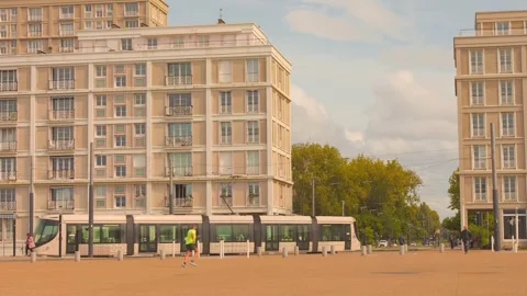 Tramway System With The Historic Hotels In Le Havre, Normandie, France Stock Footage 336934061