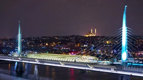 Tramwaystation on the bridge at night Stock Footage 68743776