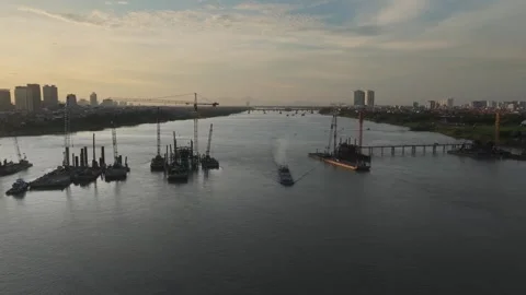Tran Hung Dao Bridge construction over Red River, Hanoi, Vietnam Stock Footage 337786481