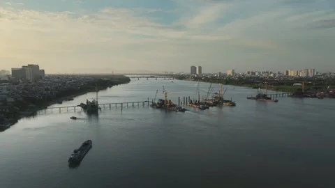 Tran Hung Dao Bridge Construction on Red River, Hanoi Vietnam Stock Footage 337786512