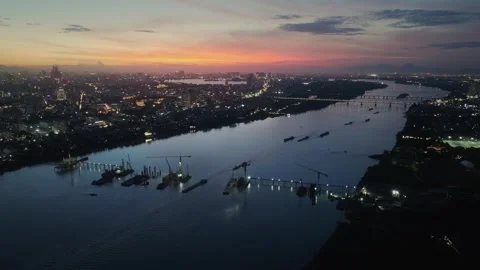 Tran Hung Dao Bridge Construction Over Red River, Hanoi Vietnam Stock Footage 337787272