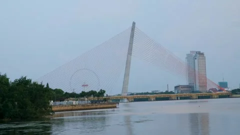 Tran Thi Ly Bridge Da Nang Vietnam cable-stayed bridge over Han River Stock Footage 322628072