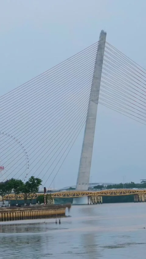 Tran Thi Ly Bridge Da Nang Vietnam cable-stayed bridge over Han River Stock Footage 323453505
