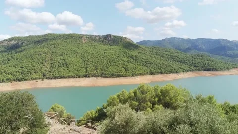 The Tranco reservoir seen from the drone. Located in the Natural Park of the  Stock Footage 152796642
