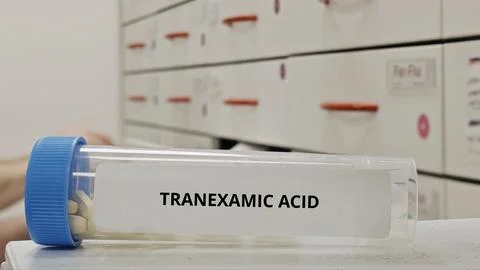 TRANEXAMIC ACID tablets used to reduce bleeding and prevent hemorrhage Stock Photos