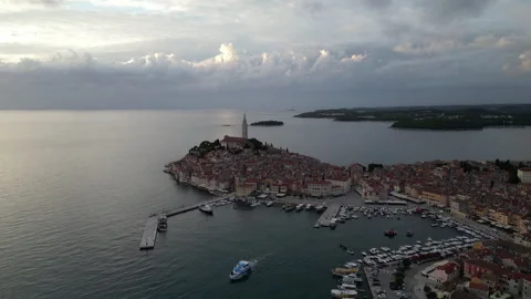 Tranquil 4K Sunset Orbit Over Rovinj Harbor Stock Footage 258371392