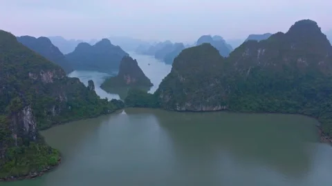 Tranquil Aerial View of Ha Long Bay's Majestic Limestone Islands Stock Footage 280951161