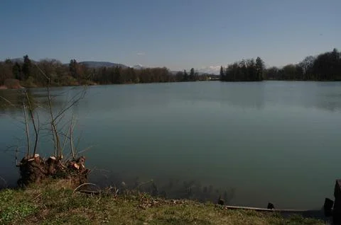 Tranquil Austrian Lake with Distant Snow-Capped Alps Foto stock