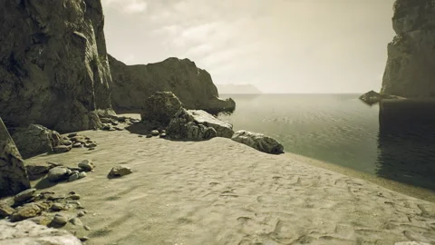 Tranquil beach at dusk with rocky cliffs and calm waters in the background Stock Footage 330069171