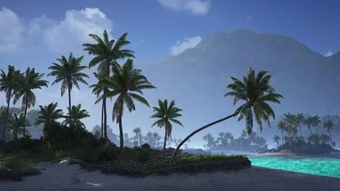 Tranquil beach landscape with palm trees and a serene turquoise lagoon Stockillustratie