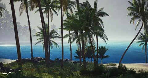 Tranquil beach landscape with palm trees and clear blue water at dusk 库存插图