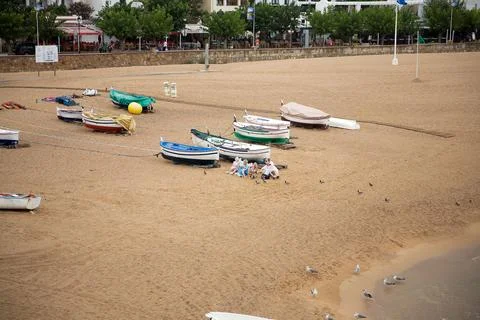 Tranquil beach scene featuring an array of boats parked on the shore Fotos de archivo