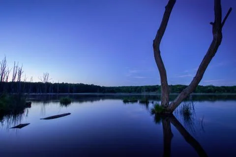 Tranquil Blue Lake with Trees in Background Stock Photos