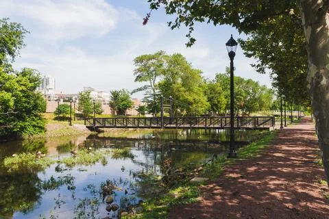 Tranquil Bridge and Tree Reflections in Nature's Waterway Foto stock