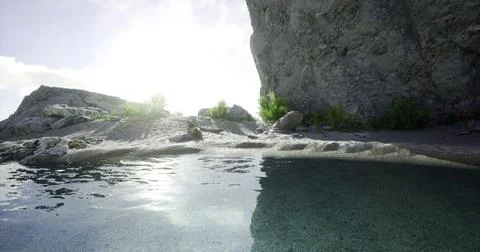 Tranquil coastal landscape with sun shining over clear water and rocks Stock Illustration
