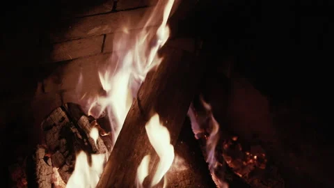 Tranquil, crackling fire and ash in brick fireplace, real time Stock Footage 149713201