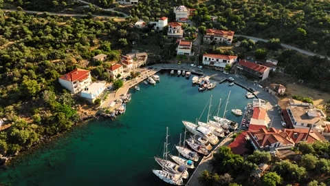 Tranquil emerald bay and marina in Vathi Greece from above during summer Stock Footage 341302401