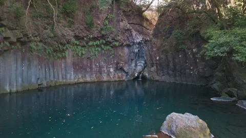 Tranquil Emerald Pond at Columnar Basalt Cliff in Forest Stock Footage 341123393