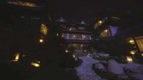 Tranquil evening patio bathed in soft lamp illumination moment Stock Footage 342431156