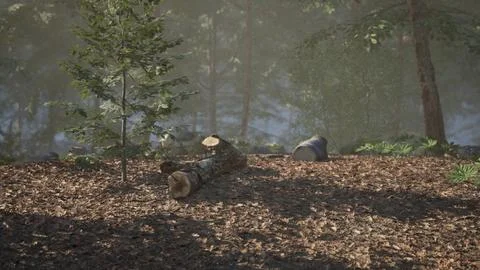 Tranquil forest setting with fallen logs and evergreen trees in soft light Stock Illustration