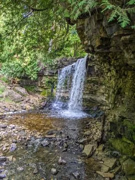 Tranquil Forest Waterfall Cascading Over Mossy Rock Cliff Foto stock