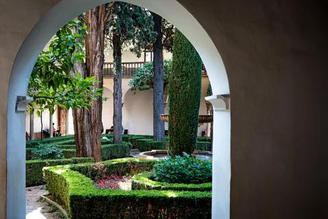 Tranquil Garden of Daraxa located within the Nasrid Palaces at the Alhambra Stock Photos