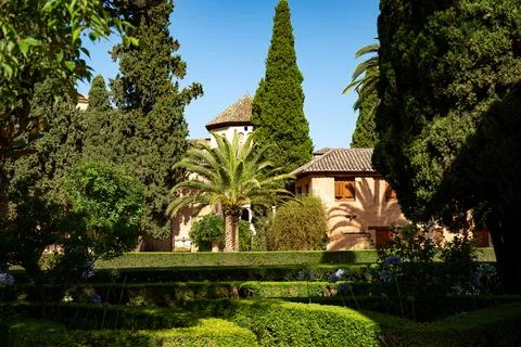Tranquil Garden of Daraxa located within the Nasrid Palaces at the Alhambra Stock Photos