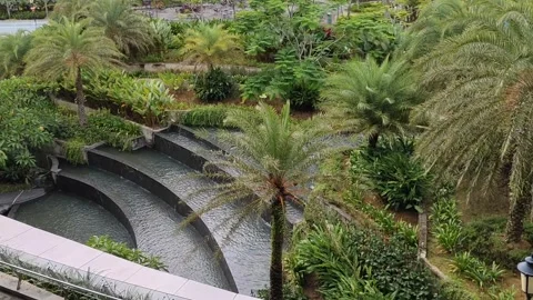 Tranquil garden scene featuring cascading water steps Stock Footage 302365872