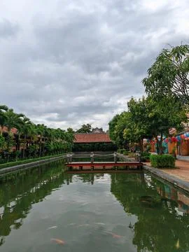A Tranquil Haven of Clouds, Flora, and Reflections Stock Photos