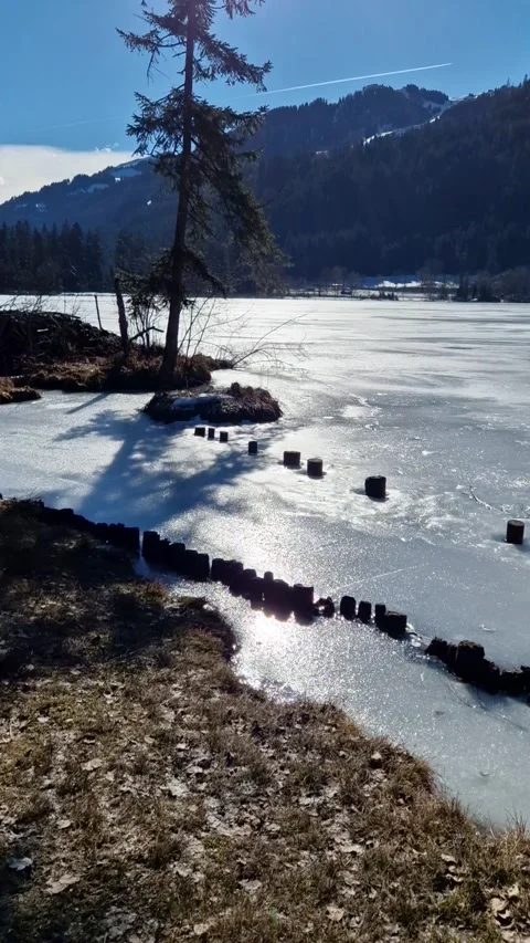 Tranquil Ice-Covered Lake Under Cold Skies Video stock 312216173